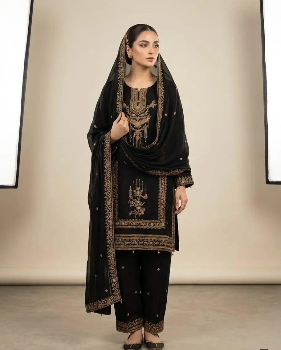 Siyah Altın İşlemeli Shalwar Kameez · 3 Parça